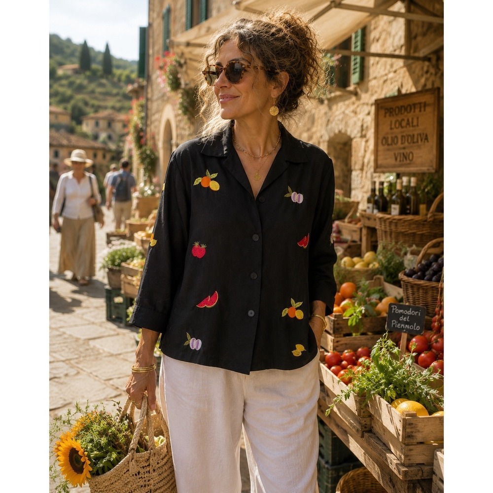 SilkLand 100% Silk Embroidered Fruit Blouse Coastal Grandma Italian Rivera‎  12